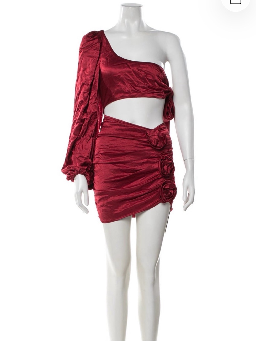 For Love & Lemons One-Shoulder Burgundy Satin Cutout Mini Dress
